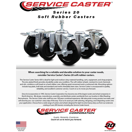 Service Caster 5'' Soft Rubber Swivel 1-3/4'' Expanding Stem Caster Set with Brake, 4PK SCC-EX20S514-SRS-PLB-134-4